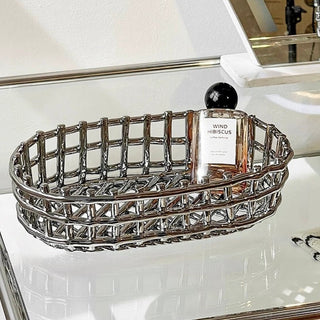 Silver Woven Oval Ceramic Basket for Small Item Storage