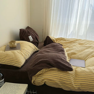 Yellow Brown Pin Stripe Cotton Fleece Winter Duvet Cover Set