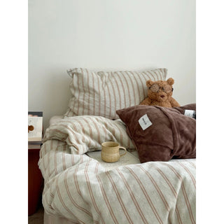 Beige Brown Double Stripe Milk Velvet Winter Duvet Cover Set