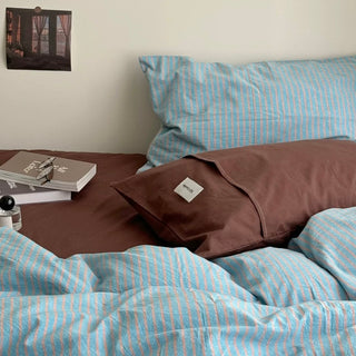 Blue Brown Pin Stripe Cotton Duvet Cover Set 2 Sizes  All Seasons