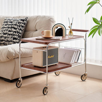 Stainless steel two-tier side table with casters storage rackin  wagon