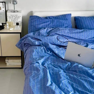 Blue and White Pinstripe Cotton Duvet Cover Set   Bed Cover  All Seasons