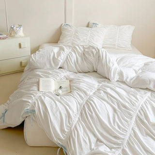 White Gathered Romantic Ribbon Duvet Cover Set  All Seasons