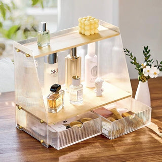 Clear x Wood Grain Cosmetic Storage Rack with Drawers