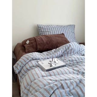 Blue Brown Double Stripe Milk Velvet Winter Duvet Cover Set