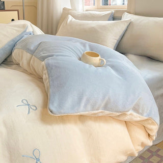 Ribbon embroidery two-tone milk velvet winter duvet cover set