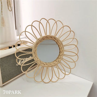 Flower & Sun Motif Rattan Mirror