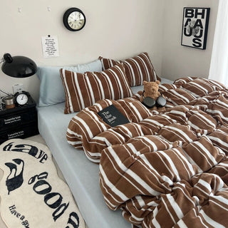 Brown Blue Multi Stripe Winter Duvet Cover Set