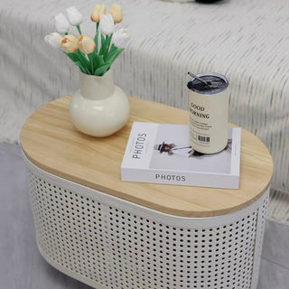 Wheeled Wood Lid Storage Oval Side Table