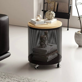 Wheeled Wood Lid Storage Round Side Table