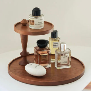 Natural Wood Movable Two-Tier Round Tray Storage