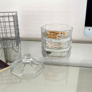 Clear glass lidded three-tier storage tray for small items