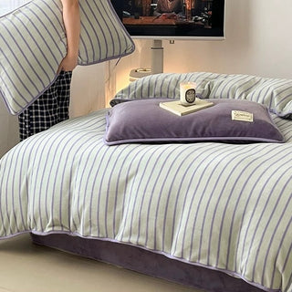 Purple Stripe Piping Thick Milk Fleece Winter Duvet Cover Set
