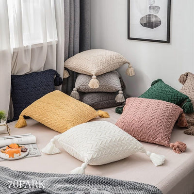 Cable Knit Cushion Cover with Tassels