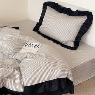 Gray Stripe Black Frill Cotton Duvet Cover Set  All Season