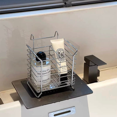 Stainless steel hanging wire basket silver dish drainer small item storage.
