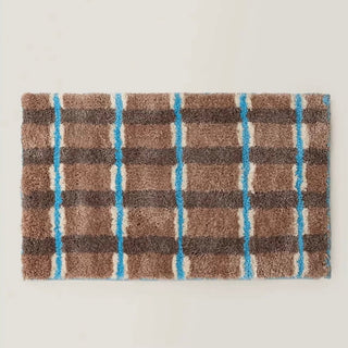 Brown and blue checkered door mat 50x80cm absorbent non-slip tufted.