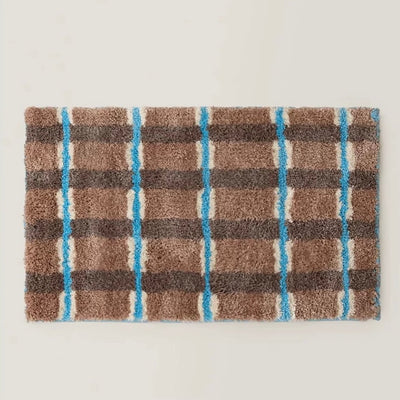 Brown and blue checkered door mat 50x80cm absorbent non-slip tufted.