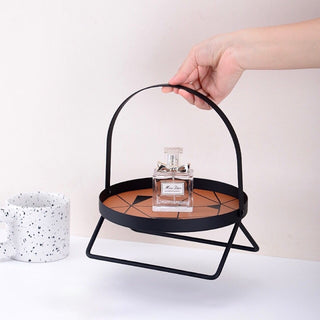 Single-tier round tray with handlein  storage rack