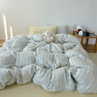 Light Blue Stripe Milk Velvet Winter Duvet Cover Set