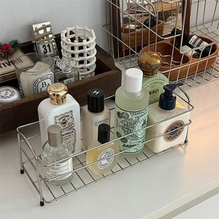 Stainless steel silver slim rectangular storage rack for perfume and cosmetics