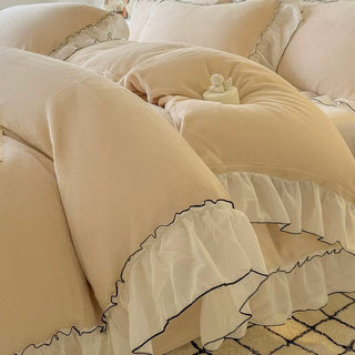Frill Lace Milk Velvet Winter Duvet Cover Set Beige Bed Cover Bedding Cover