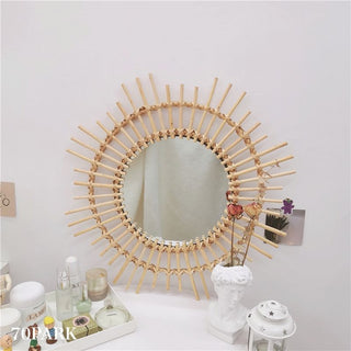 Flower & Sun Motif Rattan Mirror