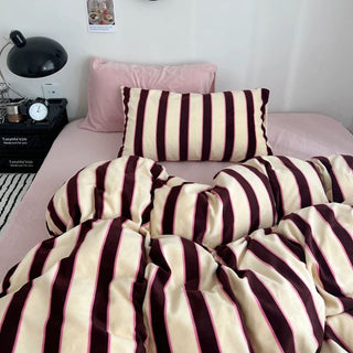 Pink Brown Wide Stripe Winter Duvet Cover Set