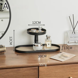 Iron Leather Oval Round Two-Tier Tray  Storage Rack Cosmetic Storage