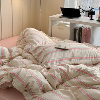 Pink Mixed Color Wide Stripe Cotton Duvet Cover Set 2 Sizes  All Seasons