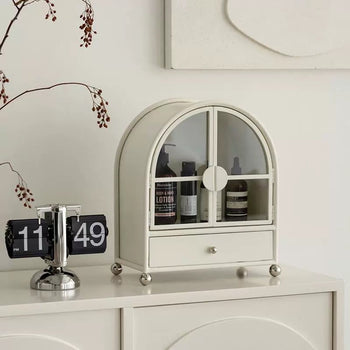 Door-equipped arched cosmetic storage display rack white cabinet