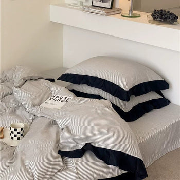 Gray Stripe Black Frill Cotton Duvet Cover Set  All Season