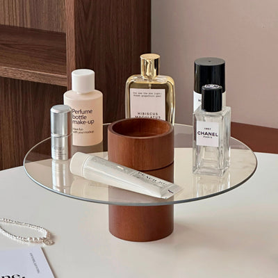 Clear glass plate wood stand tray perfume storage cosmetic storage