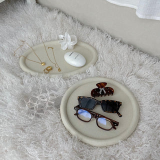 PU Leather Round Oval Simple Accessory Tray  Ivory Beige