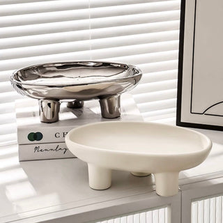 Footed Ceramic Oval Trayin  Silver Plate Accessory Tray