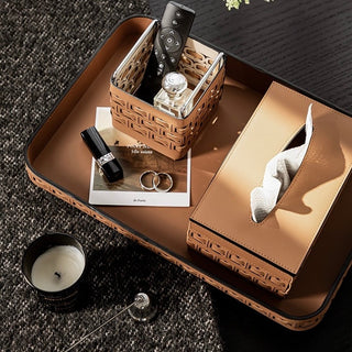 Piece Set: Braided Geometric Pattern Leather Tray Tissue Box Small Item Holder  Storage Brush Stand
