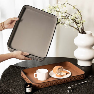Braided Geometric Pattern Leather Rectangular Large Tray  Storage Cafe Tray