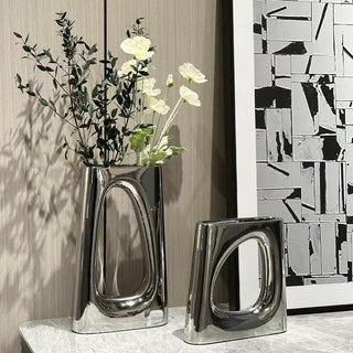 Metallic Silver Perforated Ceramic Flower Vase 2 Sizes  Hotel-like Style