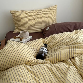 Yellow Brown Pin Stripe Cotton Duvet Cover Set 2 Sizes  All Seasons