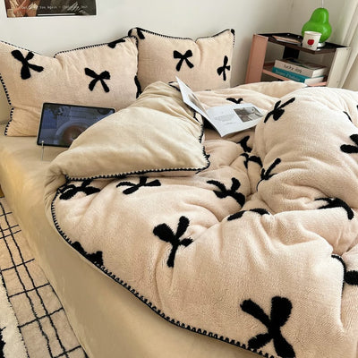 Faux Fur Black Ribbon Pattern Winter Duvet Cover Set