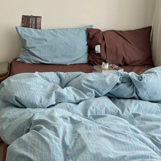 Blue Brown Pin Stripe Cotton Duvet Cover Set 2 Sizes  All Seasons