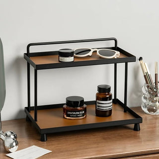 Top handle included. Iron and leather black frame storage tray two-tiered rack. Display rack.