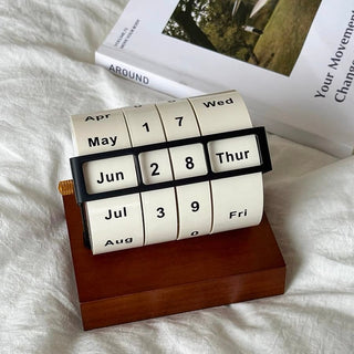 Wood Natural Rotating Perpetual Calendar Desktop Wooden Desk Calendar