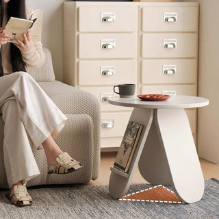 White Compact Round Side Table with Storage Magazine Rack and Coffee Table