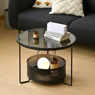 Iron Glass Round Side Table  Low Table with Storage