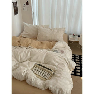 Beige pinstripe pattern duvet cover set bed cover all seasons year-round