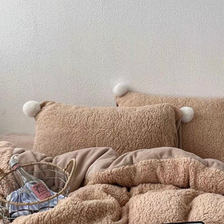 Brown Pom-pom Milk Velvet Winter Thick Duvet Cover Set
