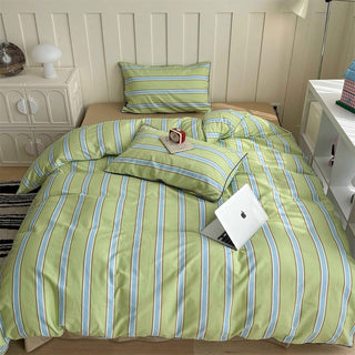 Green Mixed Color Wide Stripe Cotton Duvet Cover Set 2 Sizes  All Seasons