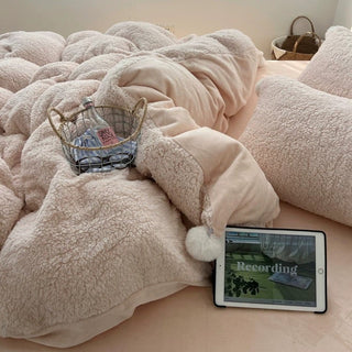 Pink Pom-Pom Milk Velvet Winter Thick Duvet Cover Set