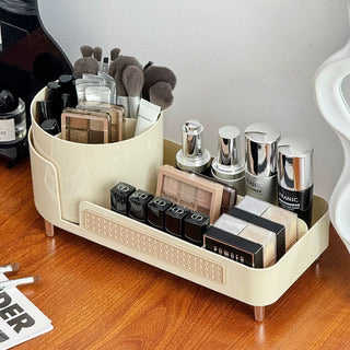 degree rotating brush stand with woven-style cosmetic storage tray